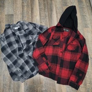 Red and Black Plaid Hooded Flannel Shirt - Youth 10-12